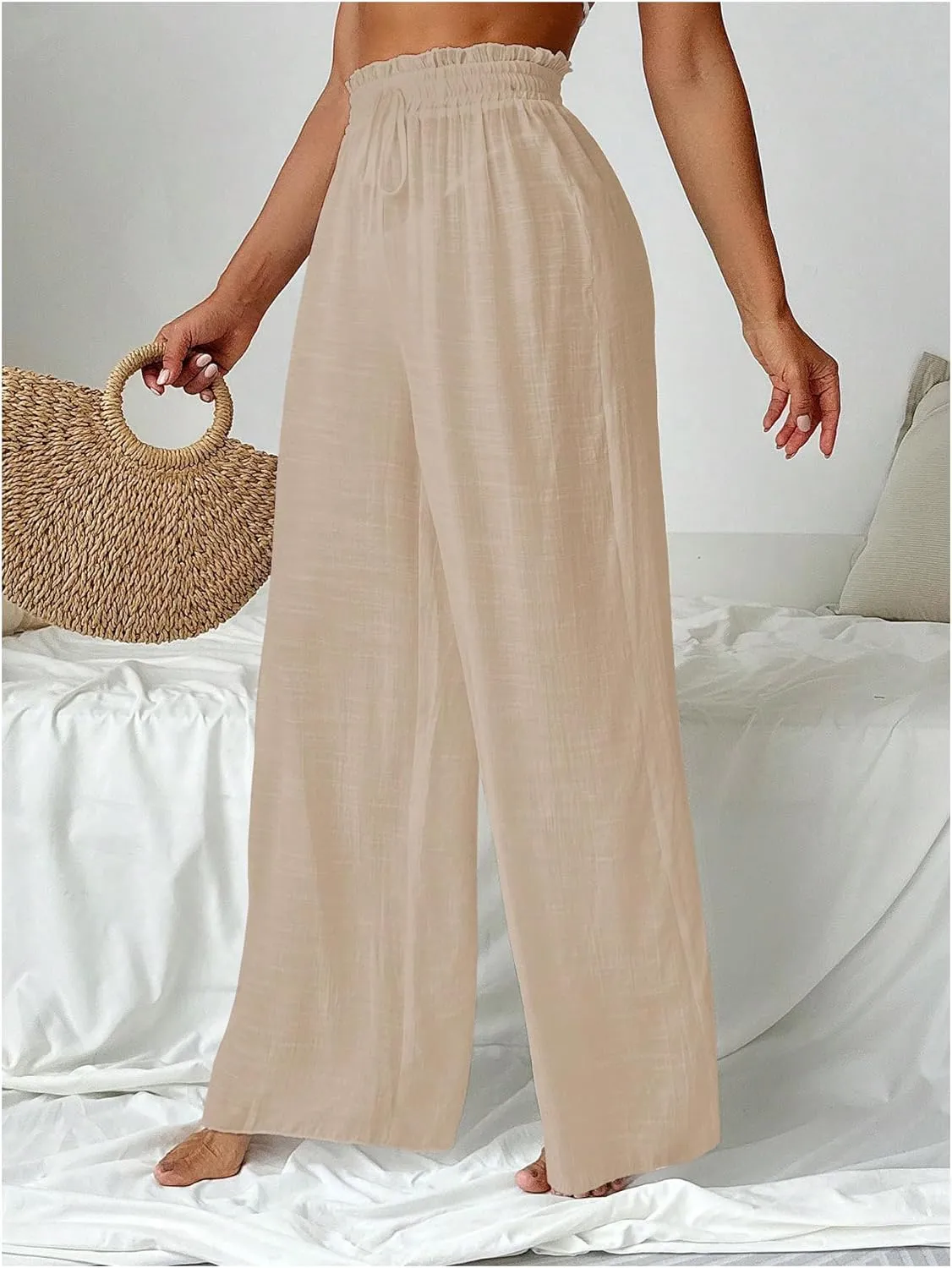 Women's Cover Up Beach Pants Sheer Mesh Drawstring Wide Leg High Waist Bikini Swimsuit Coverups