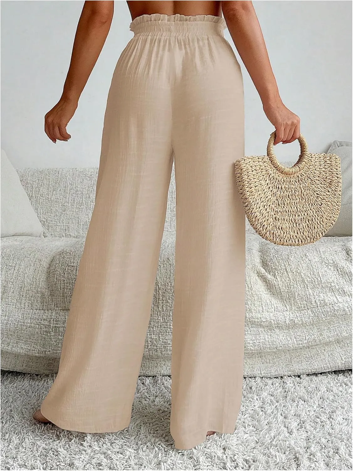 Women's Cover Up Beach Pants Sheer Mesh Drawstring Wide Leg High Waist Bikini Swimsuit Coverups