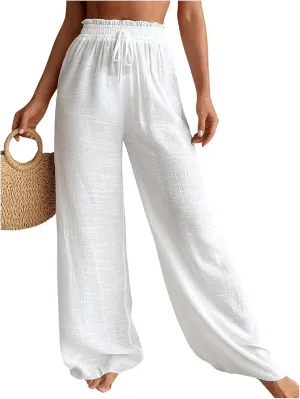 Women's Cover Up Beach Pants Sheer Mesh Drawstring Wide Leg High Waist Bikini Swimsuit Coverups