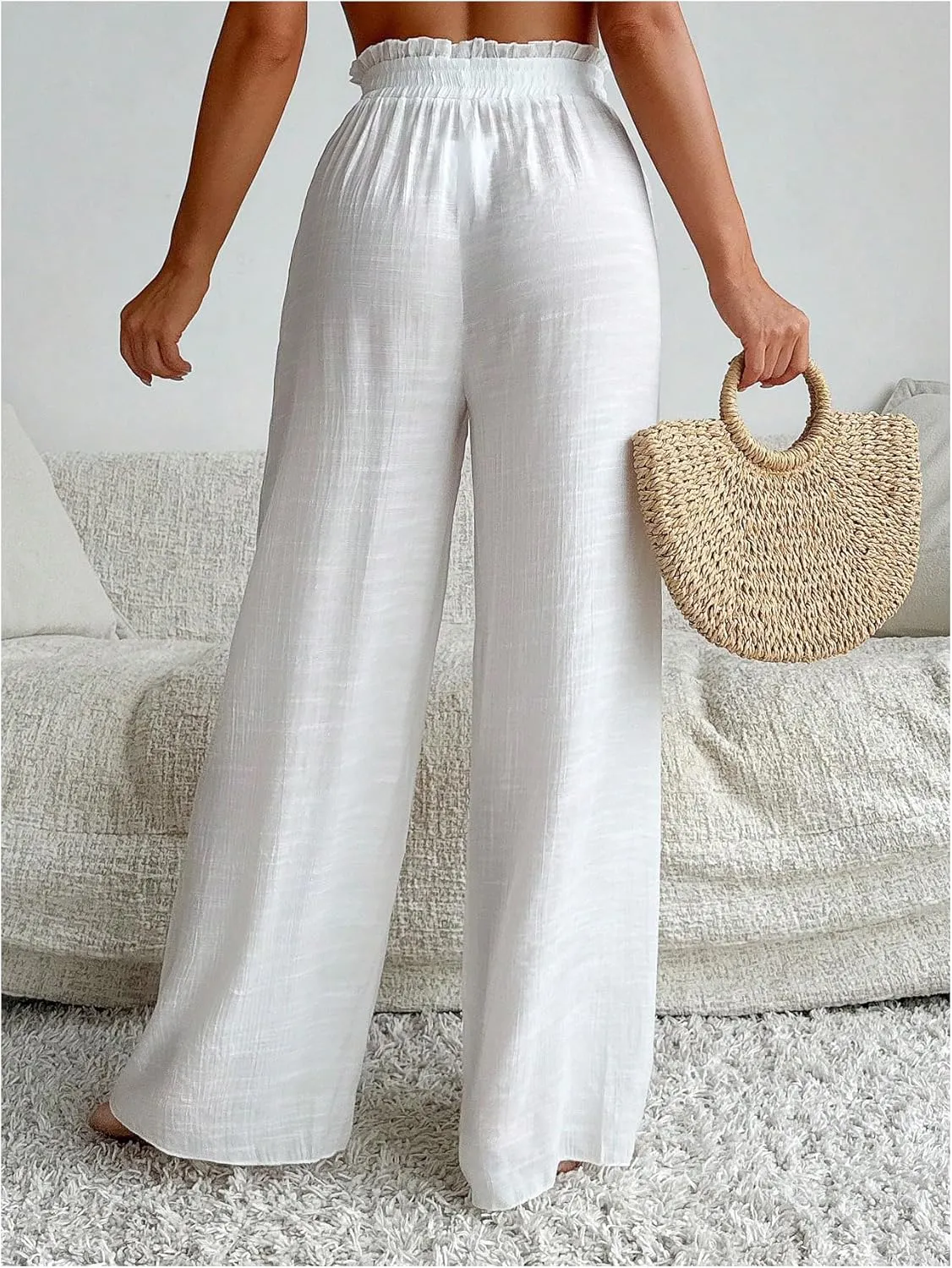 Women's Cover Up Beach Pants Sheer Mesh Drawstring Wide Leg High Waist Bikini Swimsuit Coverups