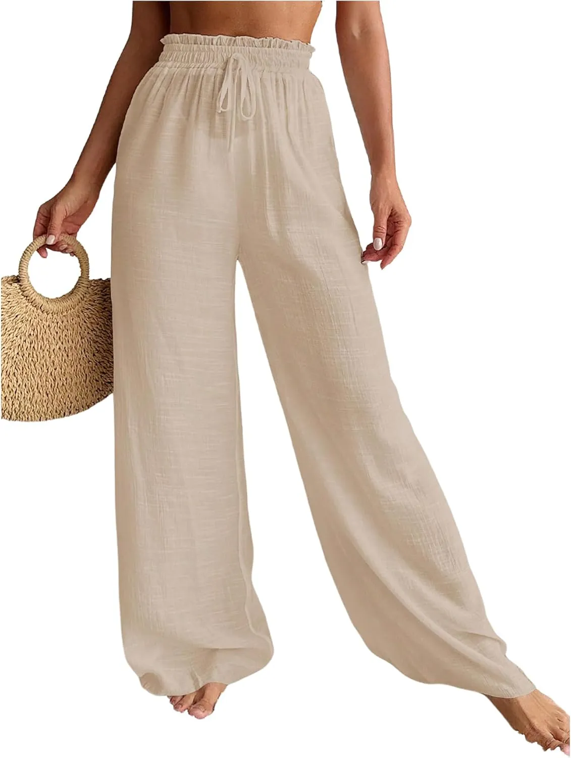Women's Cover Up Beach Pants Sheer Mesh Drawstring Wide Leg High Waist Bikini Swimsuit Coverups