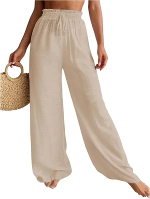 Women's Cover Up Beach Pants Sheer Mesh Drawstring Wide Leg High Waist Bikini Swimsuit Coverups