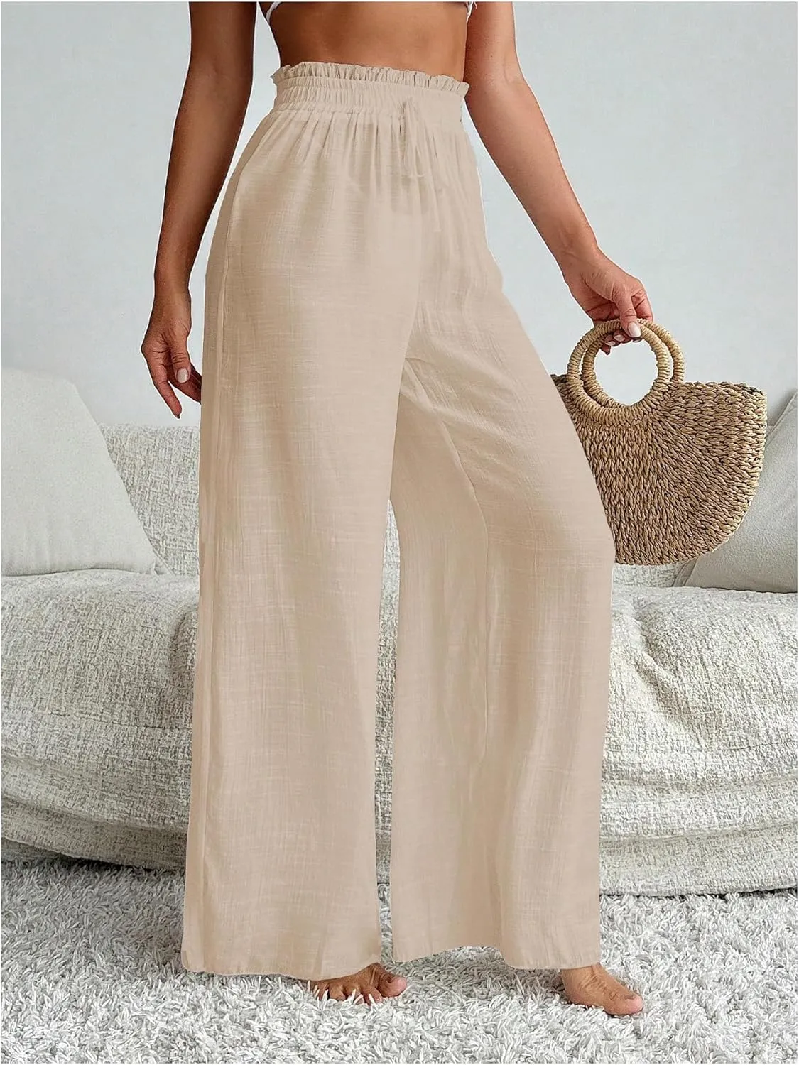 Women's Cover Up Beach Pants Sheer Mesh Drawstring Wide Leg High Waist Bikini Swimsuit Coverups