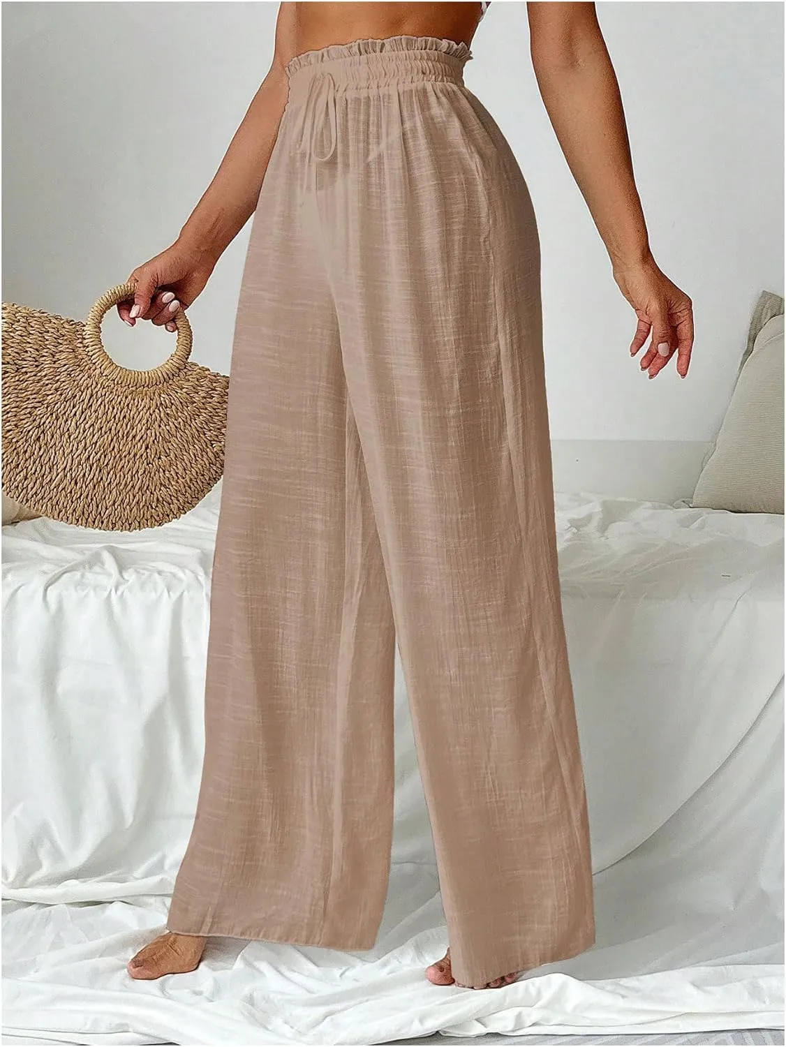 Women's Cover Up Beach Pants Sheer Mesh Drawstring Wide Leg High Waist Bikini Swimsuit Coverups