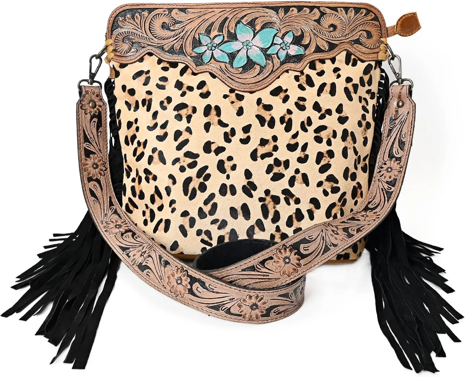 Womens Cowhide Hairon Leather Crossbody Shoulder Bag with Strap Messenger Style Western Fringe Leather Sling Bag
