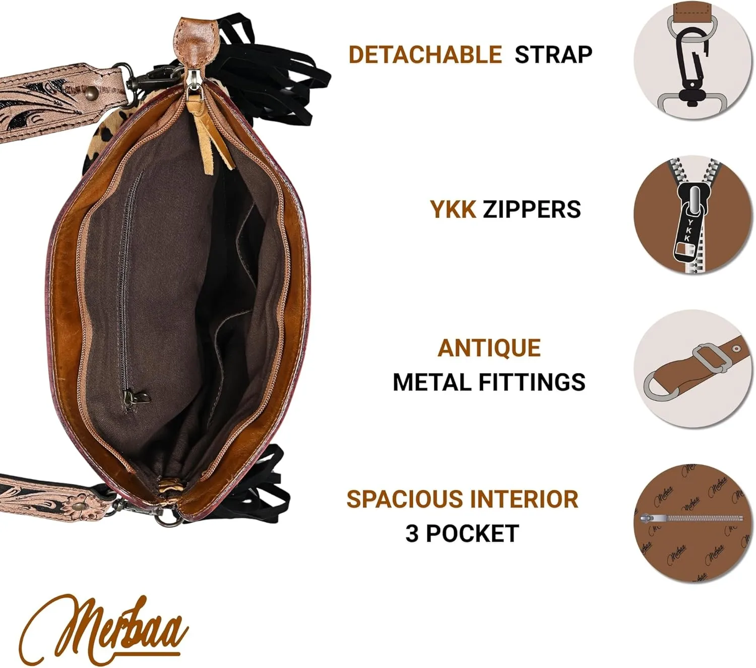 Womens Cowhide Hairon Leather Crossbody Shoulder Bag with Strap Messenger Style Western Fringe Leather Sling Bag