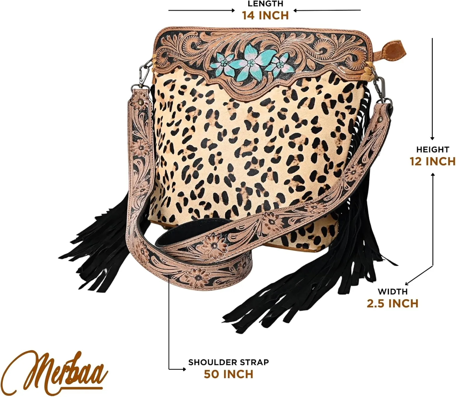 Womens Cowhide Hairon Leather Crossbody Shoulder Bag with Strap Messenger Style Western Fringe Leather Sling Bag