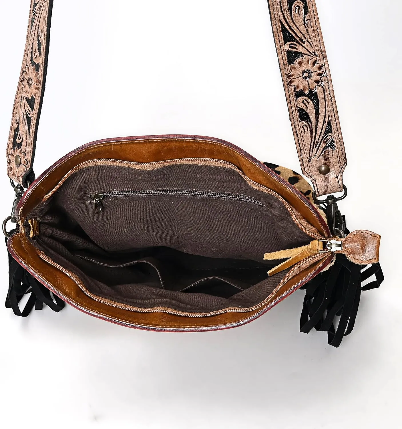 Womens Cowhide Hairon Leather Crossbody Shoulder Bag with Strap Messenger Style Western Fringe Leather Sling Bag