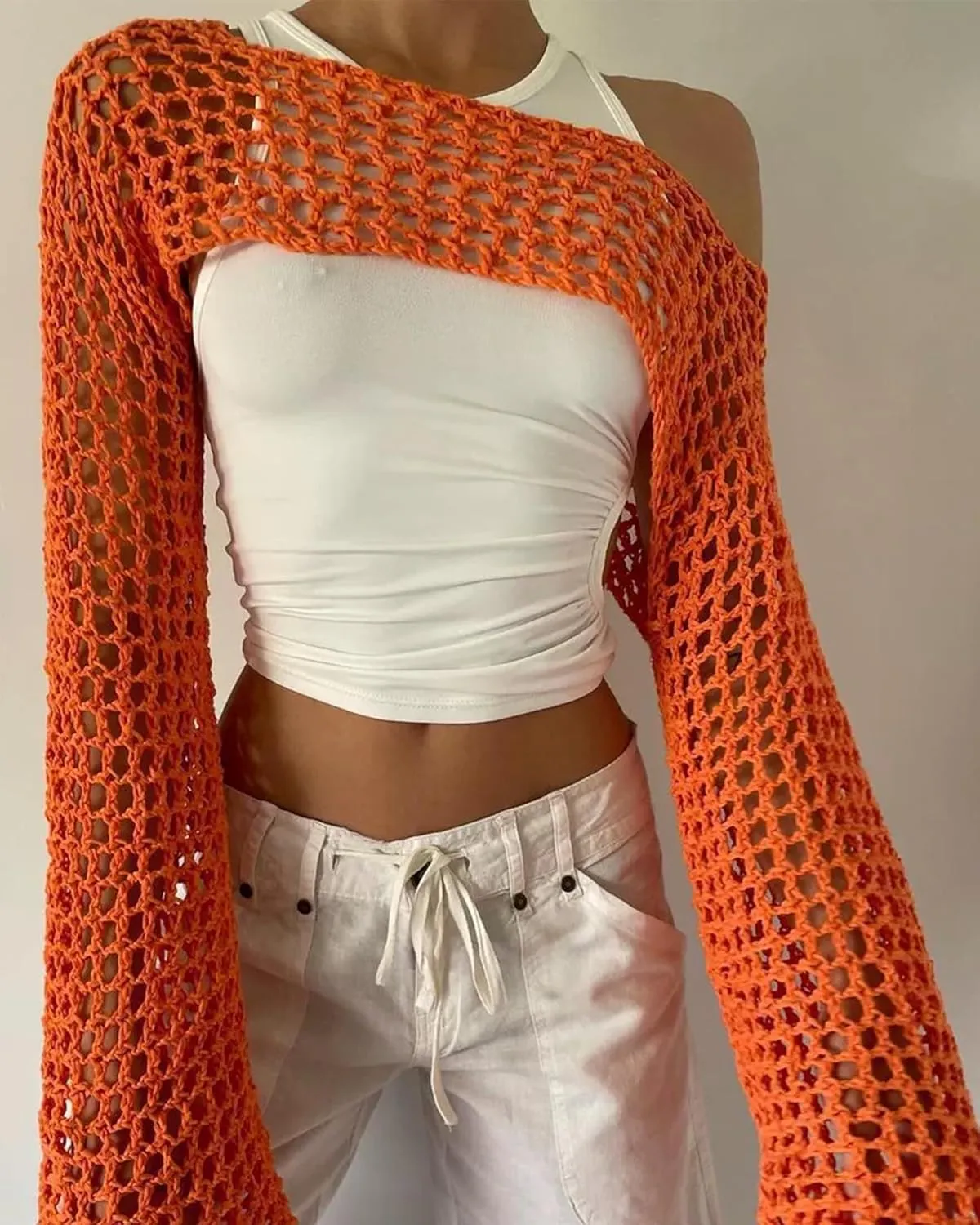 Womens Crochet Crop Tops Y2k Knit Shrug Sweater Hollow Out Long Sleeve Bikini See Through Cover Ups