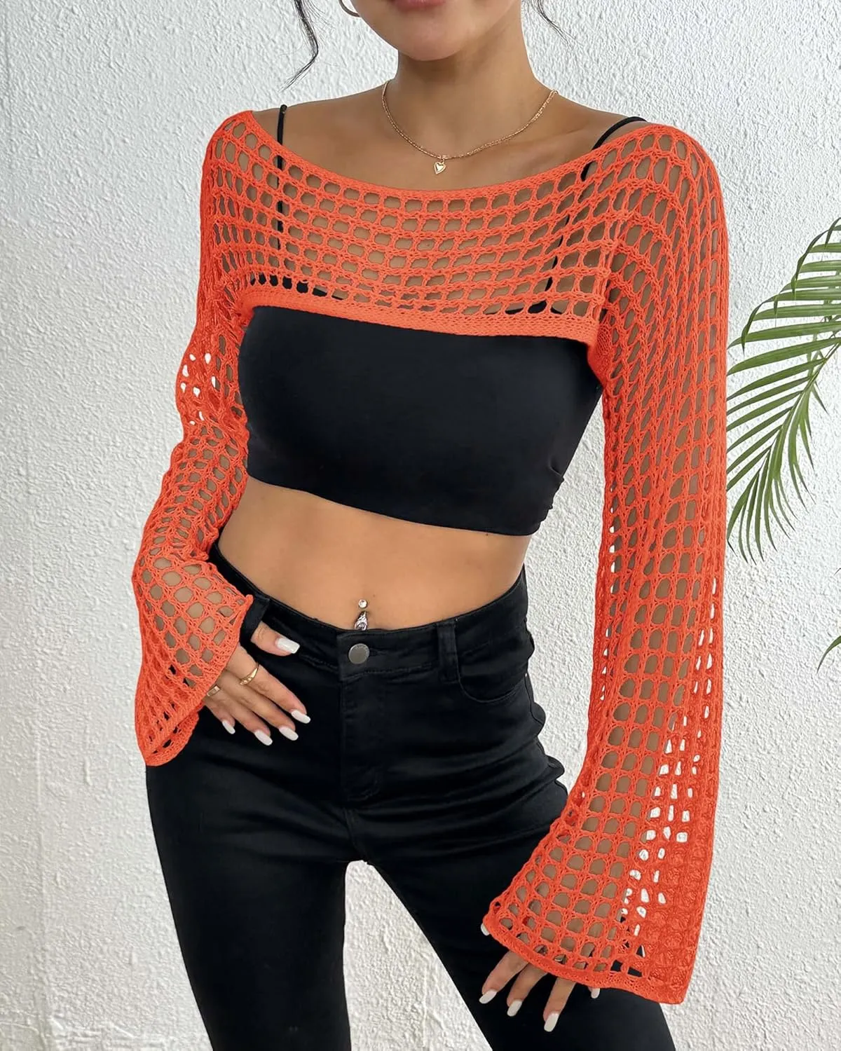 Womens Crochet Crop Tops Y2k Knit Shrug Sweater Hollow Out Long Sleeve Bikini See Through Cover Ups