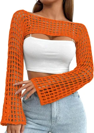 Womens Crochet Crop Tops Y2k Knit Shrug Sweater Hollow Out Long Sleeve Bikini See Through Cover Ups