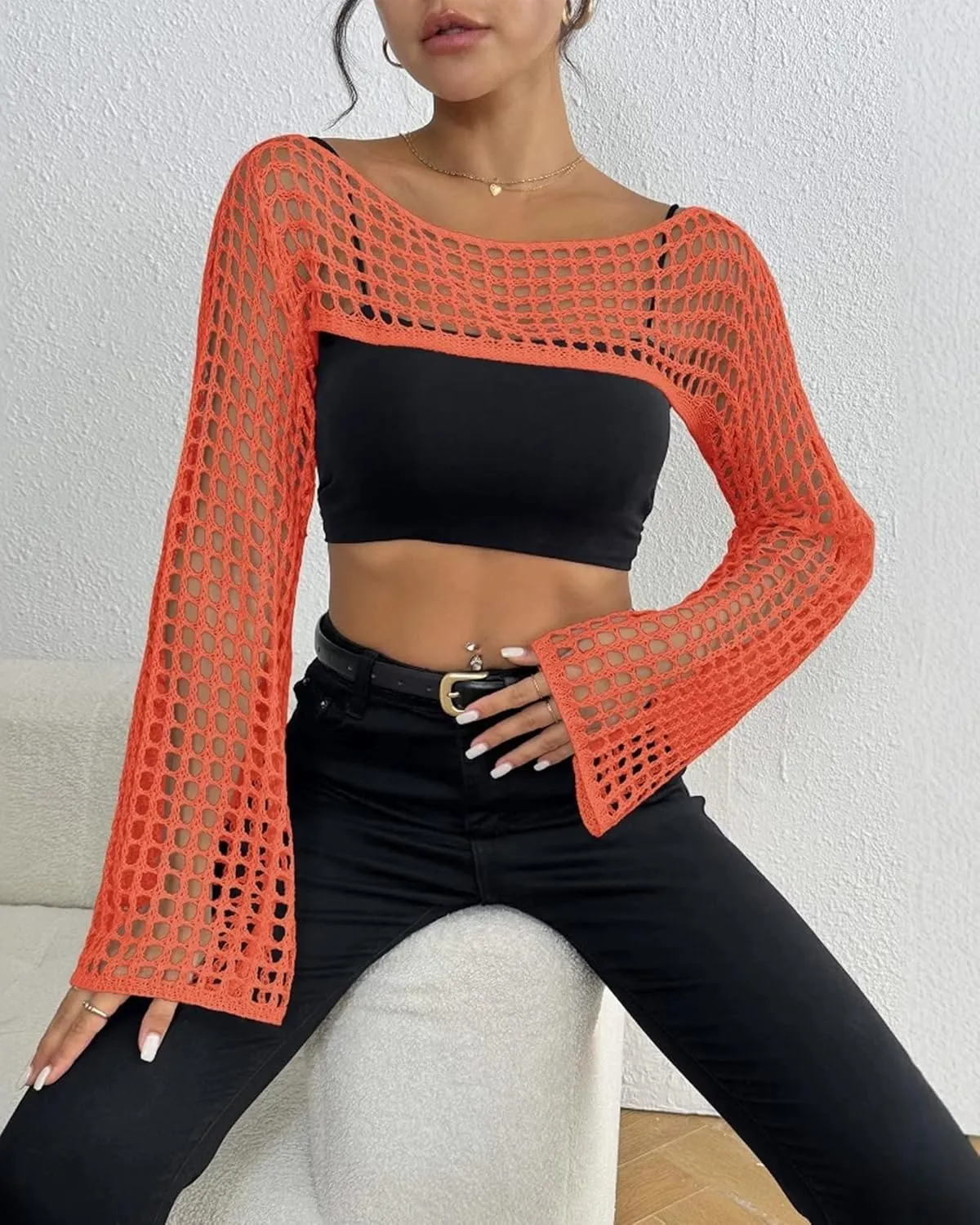Womens Crochet Crop Tops Y2k Knit Shrug Sweater Hollow Out Long Sleeve Bikini See Through Cover Ups
