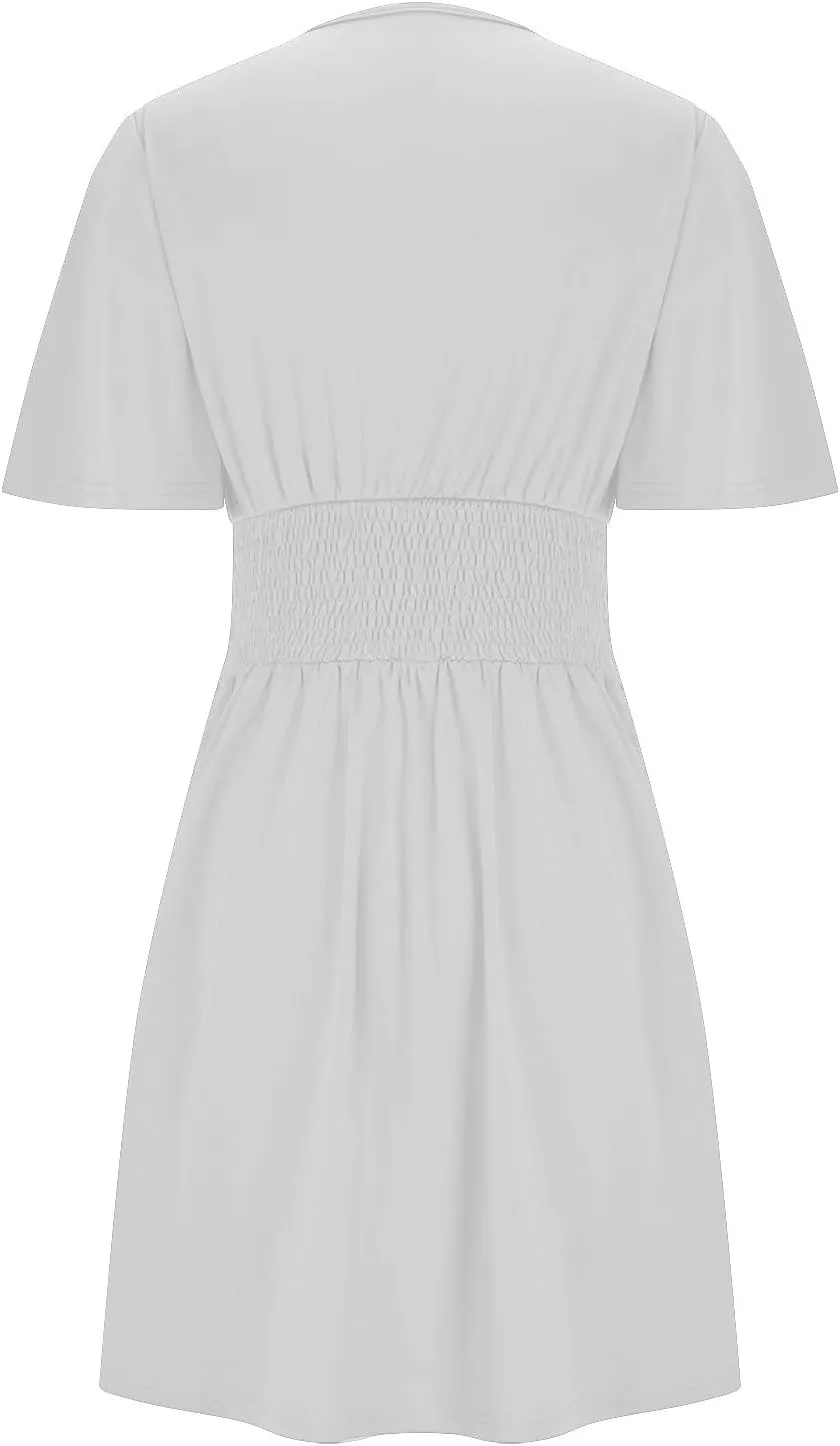 Womens Dresses 2025 Spring Summer Waist Dresses Short Sleeve Deep V Neck Elegant Ruffle Mini Swing Vacation Sundress