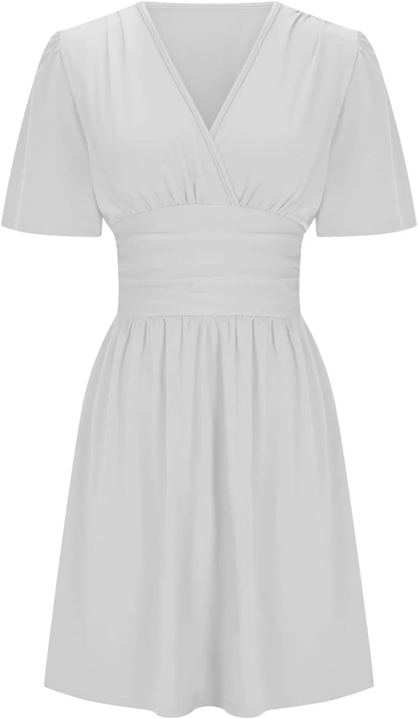 Womens Dresses 2025 Spring Summer Waist Dresses Short Sleeve Deep V Neck Elegant Ruffle Mini Swing Vacation Sundress