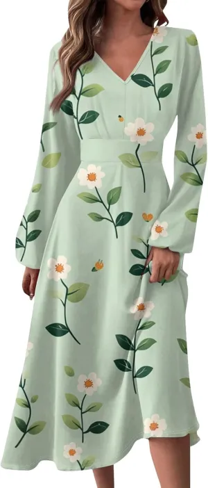 Womens Dresses Spring 2025 Long Sleeve V Neck A-Line Dress Trendy Cruise Wear Classy Outfits Casual Boho Clothes