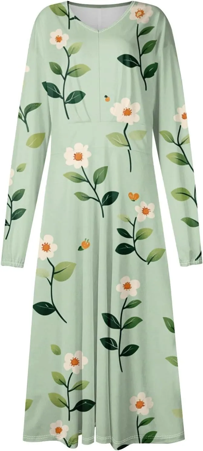 Womens Dresses Spring 2025 Long Sleeve V Neck A-Line Dress Trendy Cruise Wear Classy Outfits Casual Boho Clothes