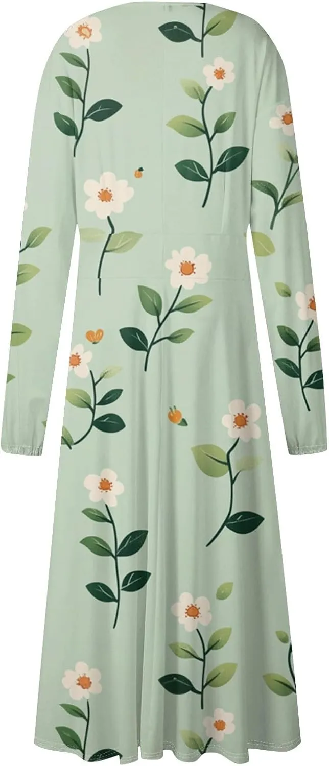 Womens Dresses Spring 2025 Long Sleeve V Neck A-Line Dress Trendy Cruise Wear Classy Outfits Casual Boho Clothes