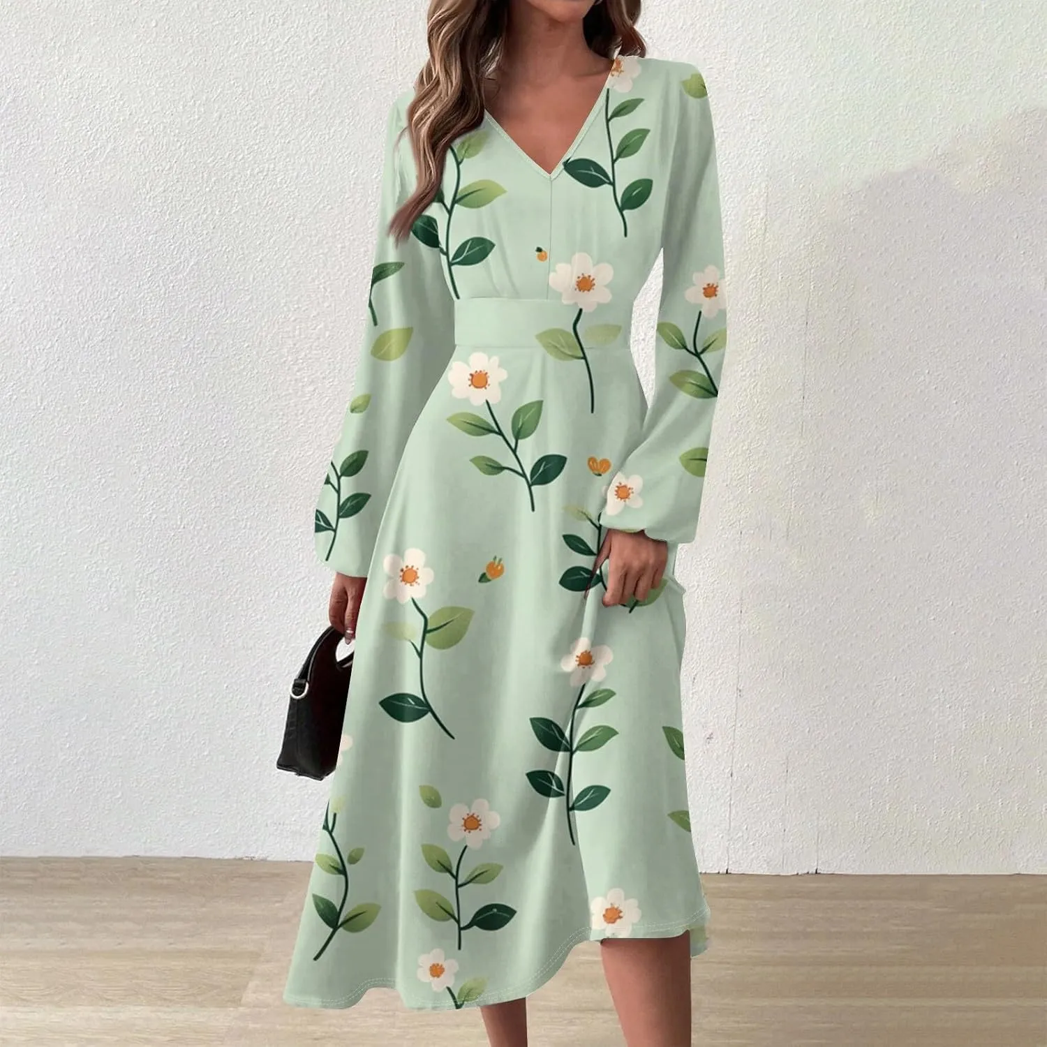Womens Dresses Spring 2025 Long Sleeve V Neck A-Line Dress Trendy Cruise Wear Classy Outfits Casual Boho Clothes
