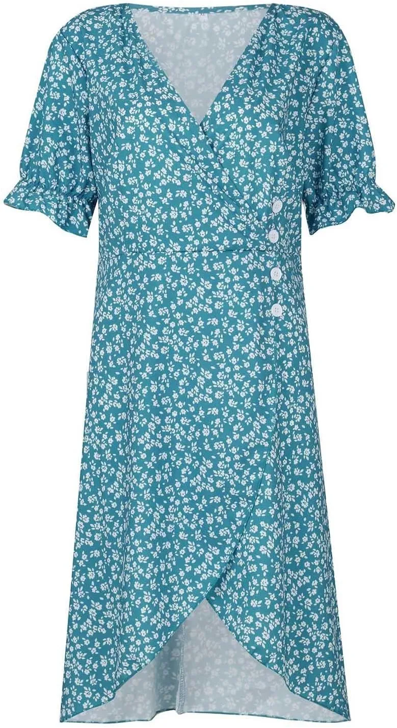 Womens Dresses Summer Wrap Midi Dresses for Women Puff Sleeve Summer Dresses Casual Loose Floor Length