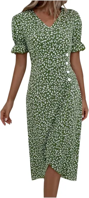 Womens Dresses Summer Wrap Midi Dresses for Women Puff Sleeve Summer Dresses Casual Loose Floor Length