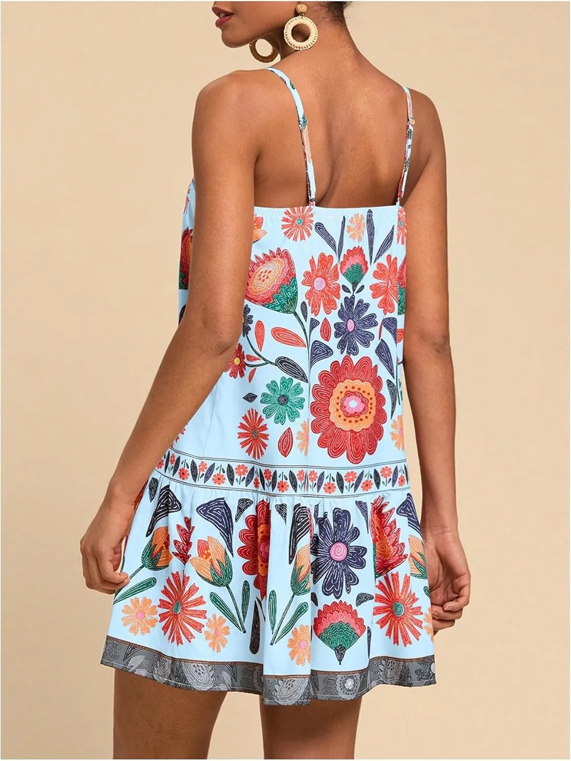 Women's Floral Boho Flowy Mini Cami Dress Ruffle Hem Spaghetti Strap Vacation Tank Dresses
