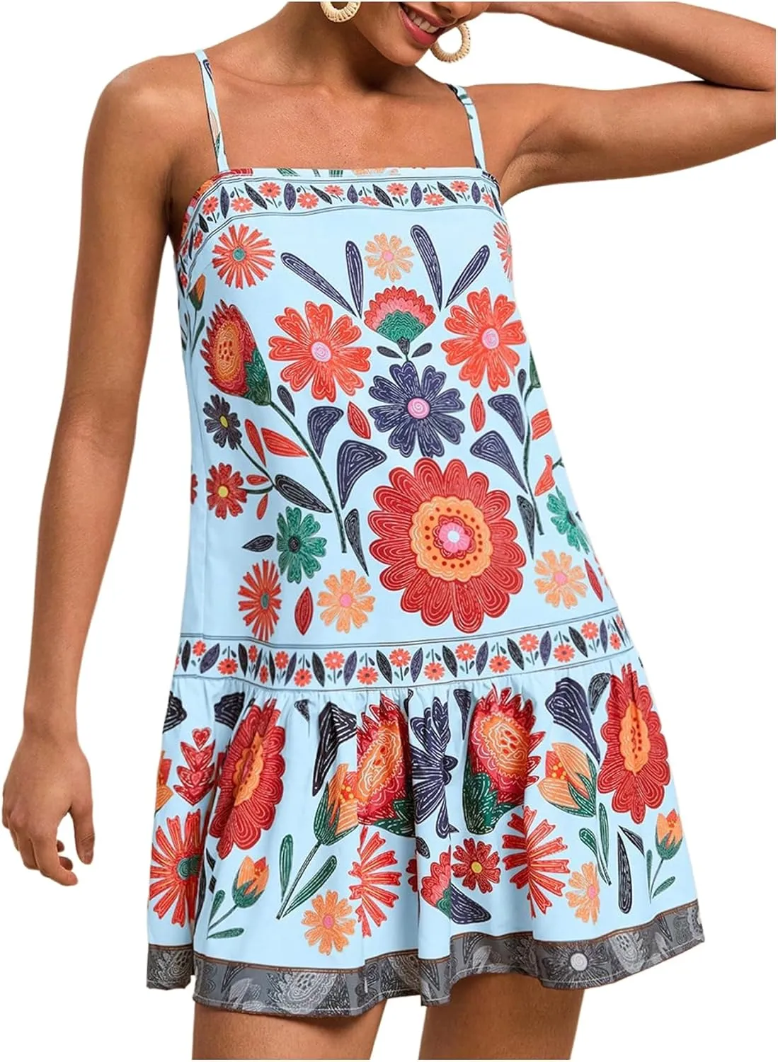 Women's Floral Boho Flowy Mini Cami Dress Ruffle Hem Spaghetti Strap Vacation Tank Dresses