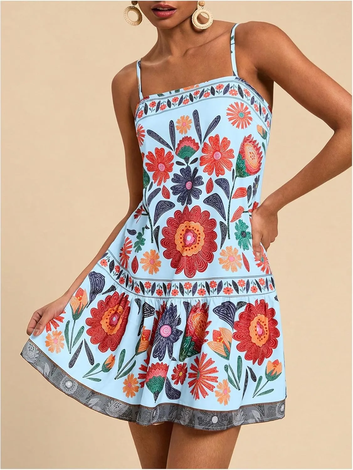 Women's Floral Boho Flowy Mini Cami Dress Ruffle Hem Spaghetti Strap Vacation Tank Dresses