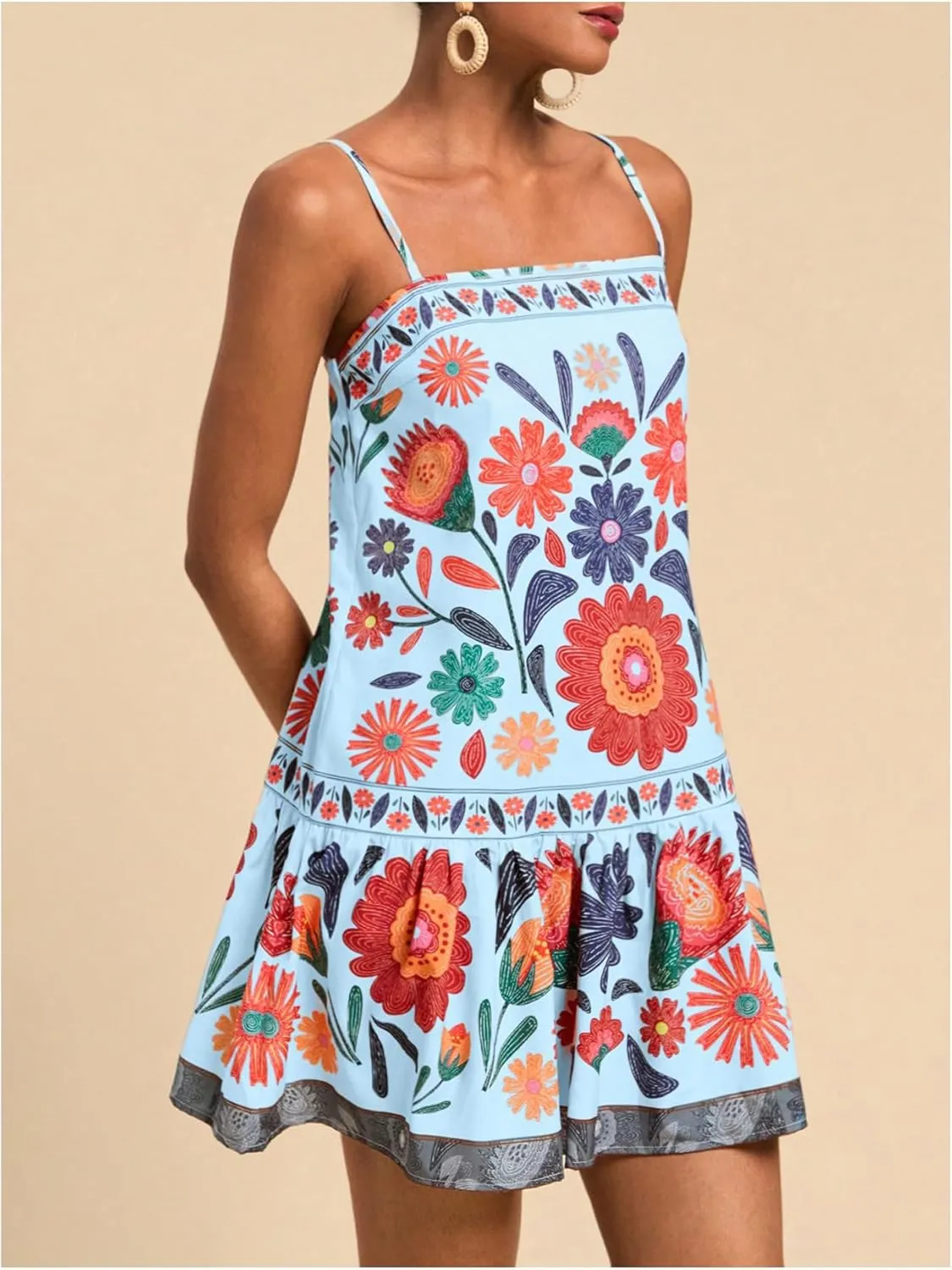 Women's Floral Boho Flowy Mini Cami Dress Ruffle Hem Spaghetti Strap Vacation Tank Dresses