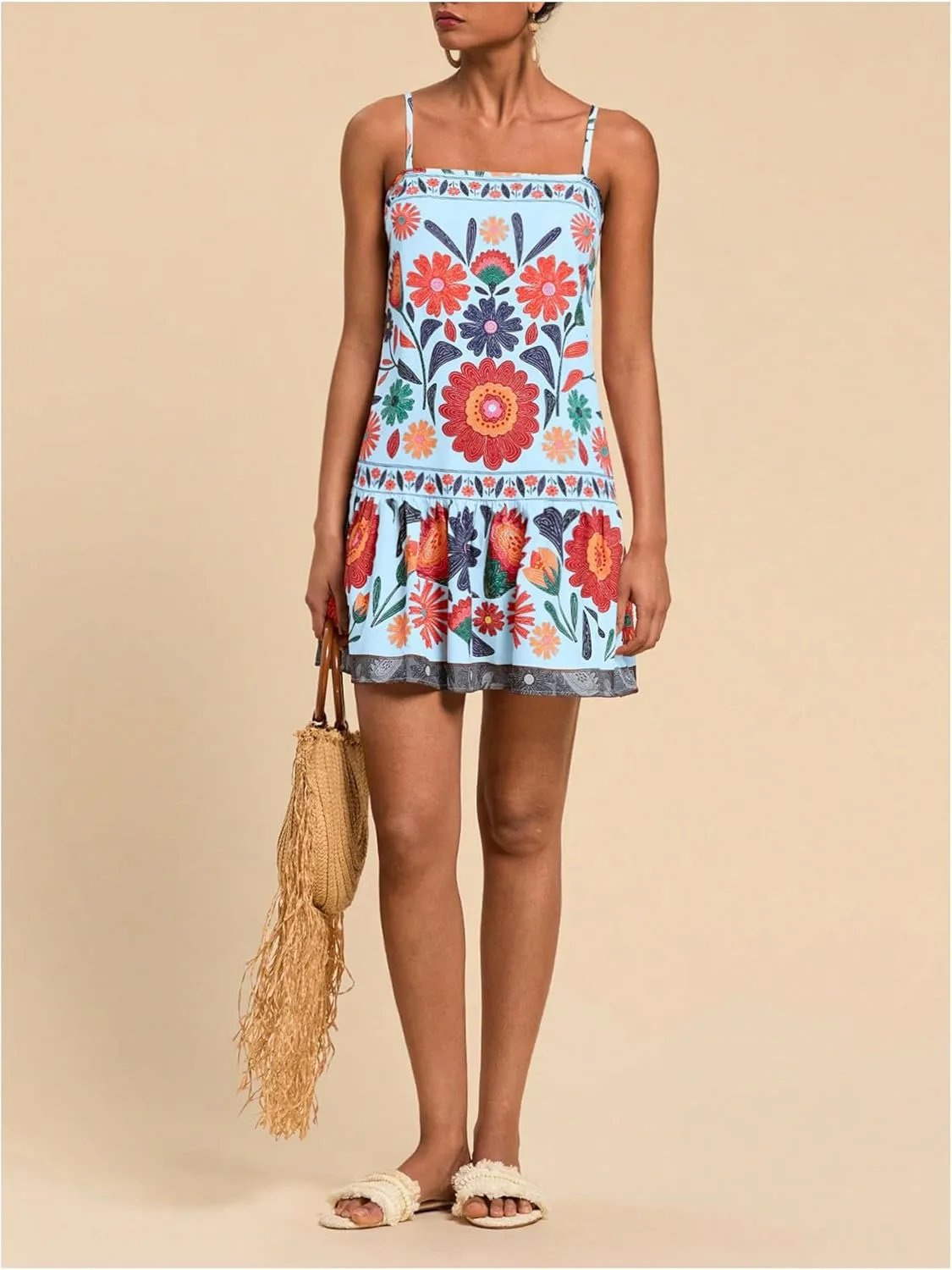 Women's Floral Boho Flowy Mini Cami Dress Ruffle Hem Spaghetti Strap Vacation Tank Dresses