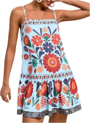 Women's Floral Boho Flowy Mini Cami Dress Ruffle Hem Spaghetti Strap Vacation Tank Dresses