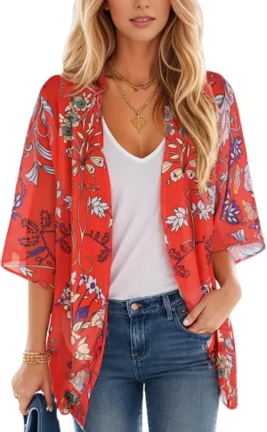 Women's Floral Print Puff Sleeve Kimono Cardigan Loose Cover Up Casual Blouse Tops