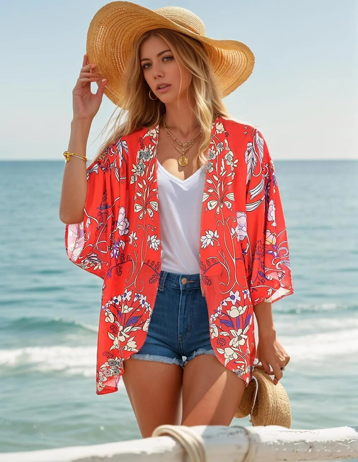 Women's Floral Print Puff Sleeve Kimono Cardigan Loose Cover Up Casual Blouse Tops