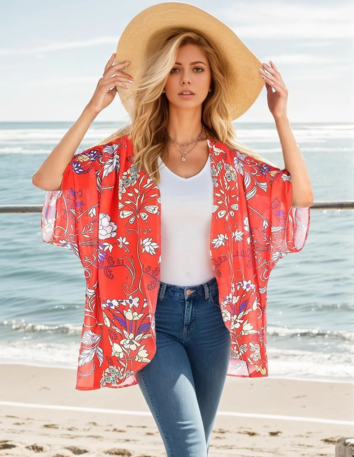 Women's Floral Print Puff Sleeve Kimono Cardigan Loose Cover Up Casual Blouse Tops