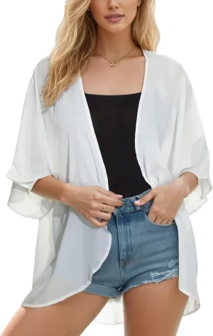 Women's Floral Print Puff Sleeve Kimono Cardigan Loose Cover Up Casual Blouse Tops