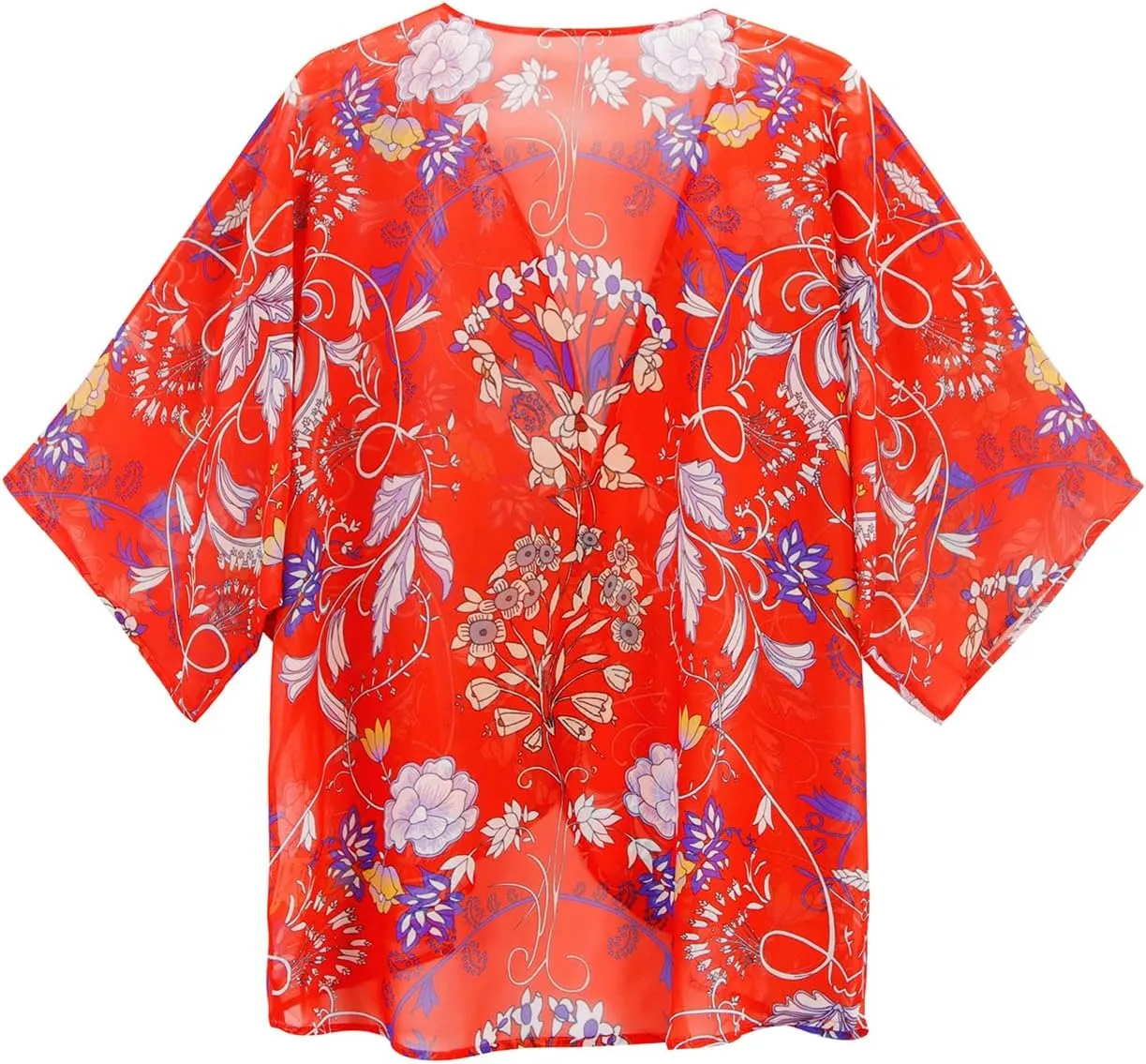 Women's Floral Print Puff Sleeve Kimono Cardigan Loose Cover Up Casual Blouse Tops