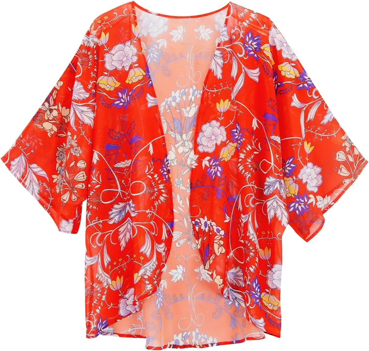 Women's Floral Print Puff Sleeve Kimono Cardigan Loose Cover Up Casual Blouse Tops