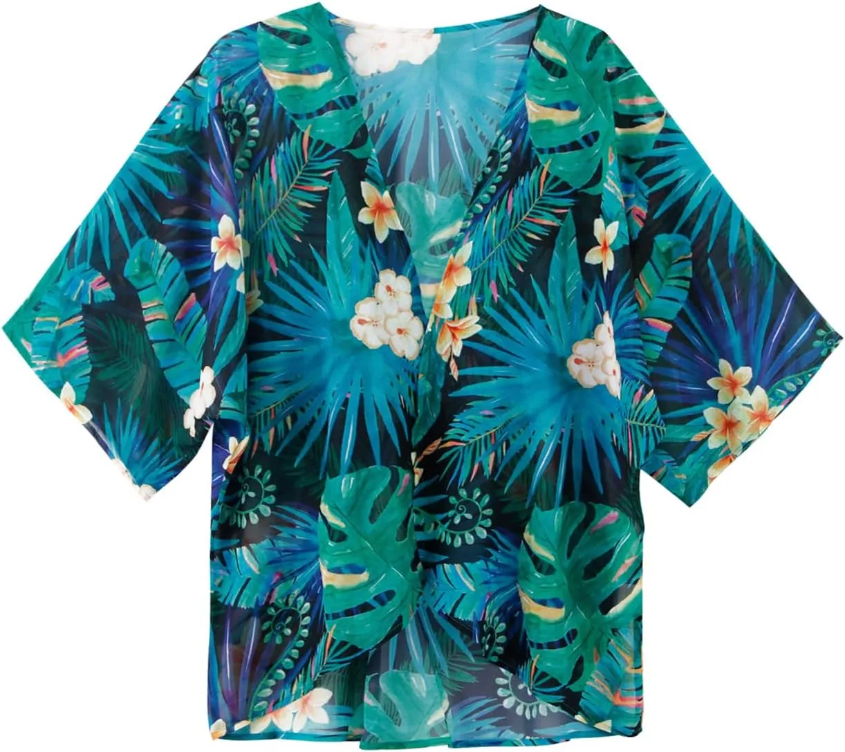 Women's Floral Print Puff Sleeve Kimono Cardigan Loose Cover Up Casual Blouse Tops
