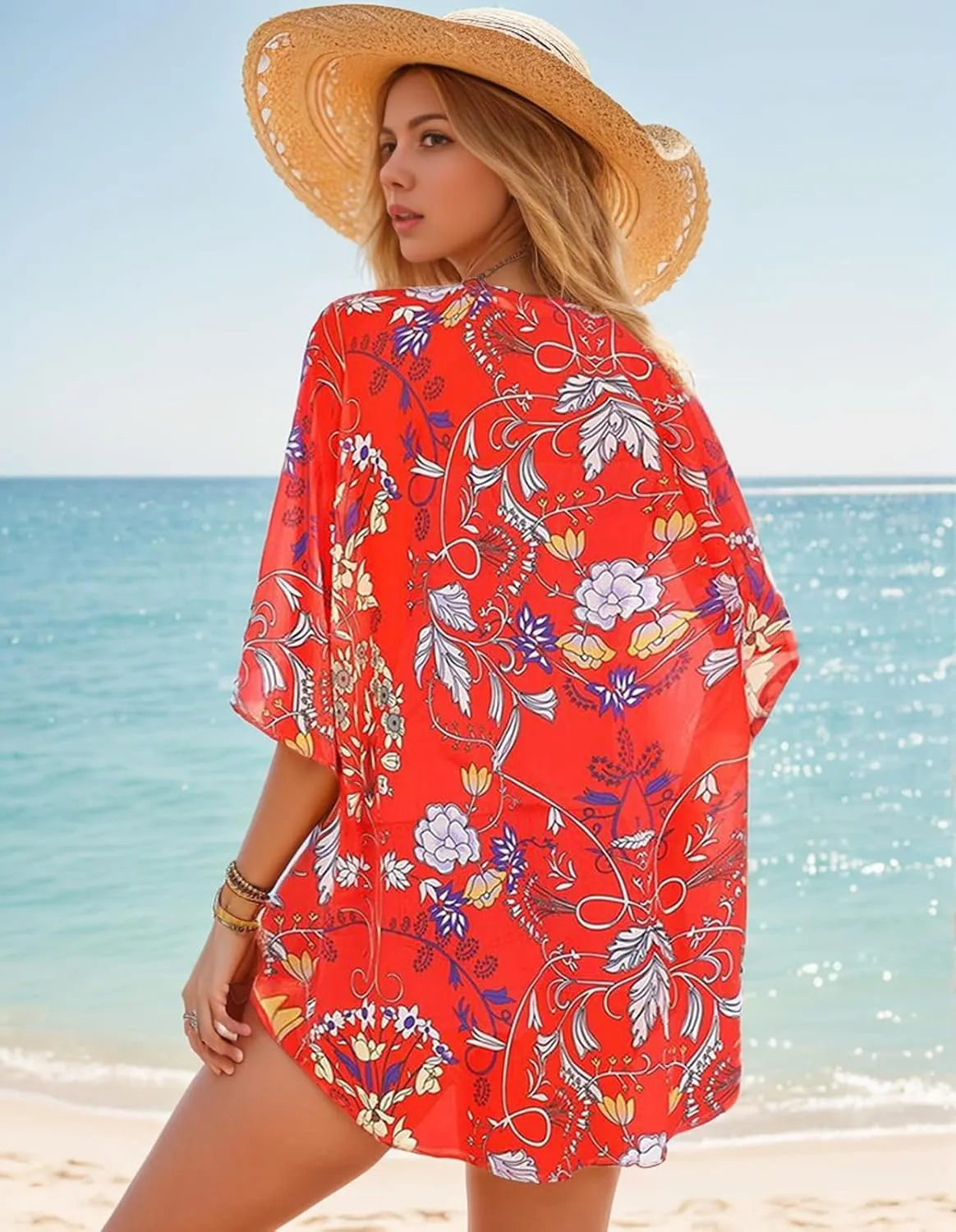 Women's Floral Print Puff Sleeve Kimono Cardigan Loose Cover Up Casual Blouse Tops
