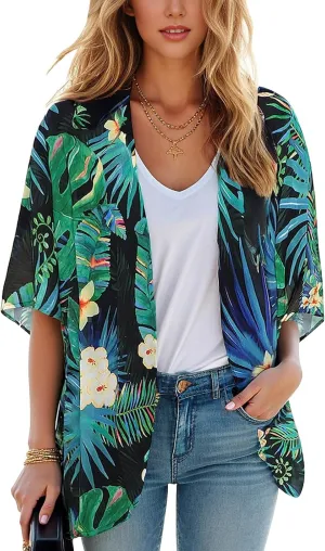 Women's Floral Print Puff Sleeve Kimono Cardigan Loose Cover Up Casual Blouse Tops