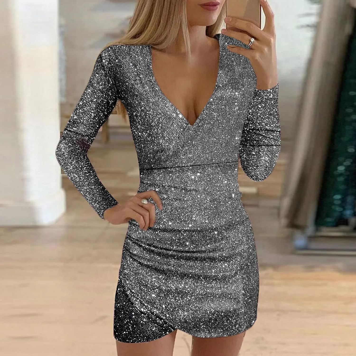 Womens Glitter Sequin Dress V Neck Party Cocktail Sparkly Mini Dress Clubwear Party Dress Bodycon Glitter Dresses Long Sleeve