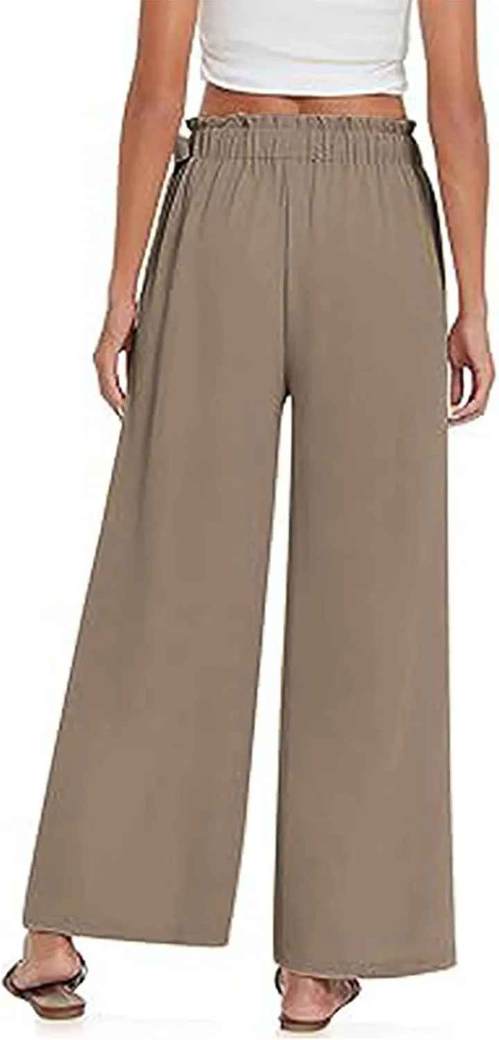 Women's High Waist Elastic Pants Summer Loose Wide Leg Trousers Flowy Beach Side Tie Knot Lounge Pants with Pockets