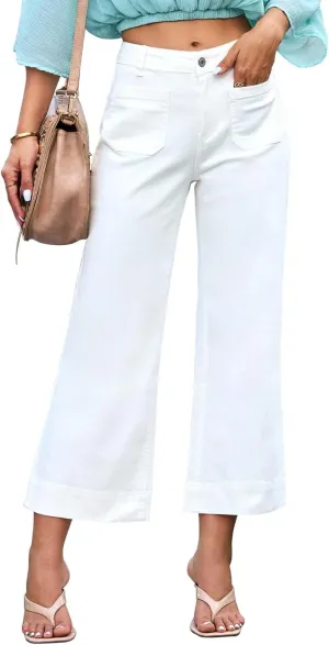 Women's High Waist Wide Leg Jeans Stretchy Baggy Denim Pants Trendy Cropped Trousers with Front Pockets