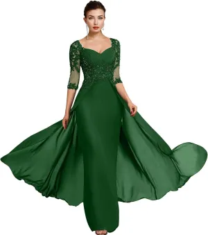 Women's Lace Appliques Mother of The Bride Dresses with 3/4 Sleeve Formal Evening Gowns