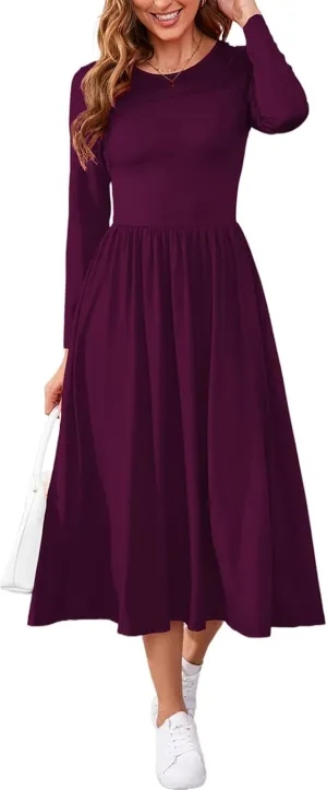 Women's Maxi Dress Long Sleeve Boat Neck Plain Empire Waist Casual Winter Party Long Dresses with Pockets