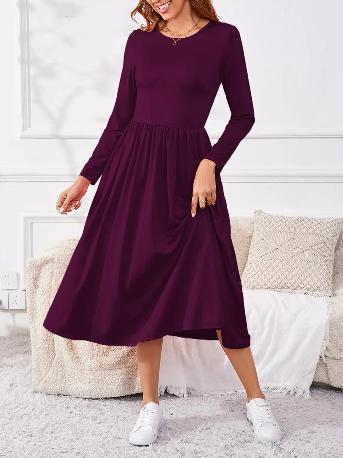 Women's Maxi Dress Long Sleeve Boat Neck Plain Empire Waist Casual Winter Party Long Dresses with Pockets
