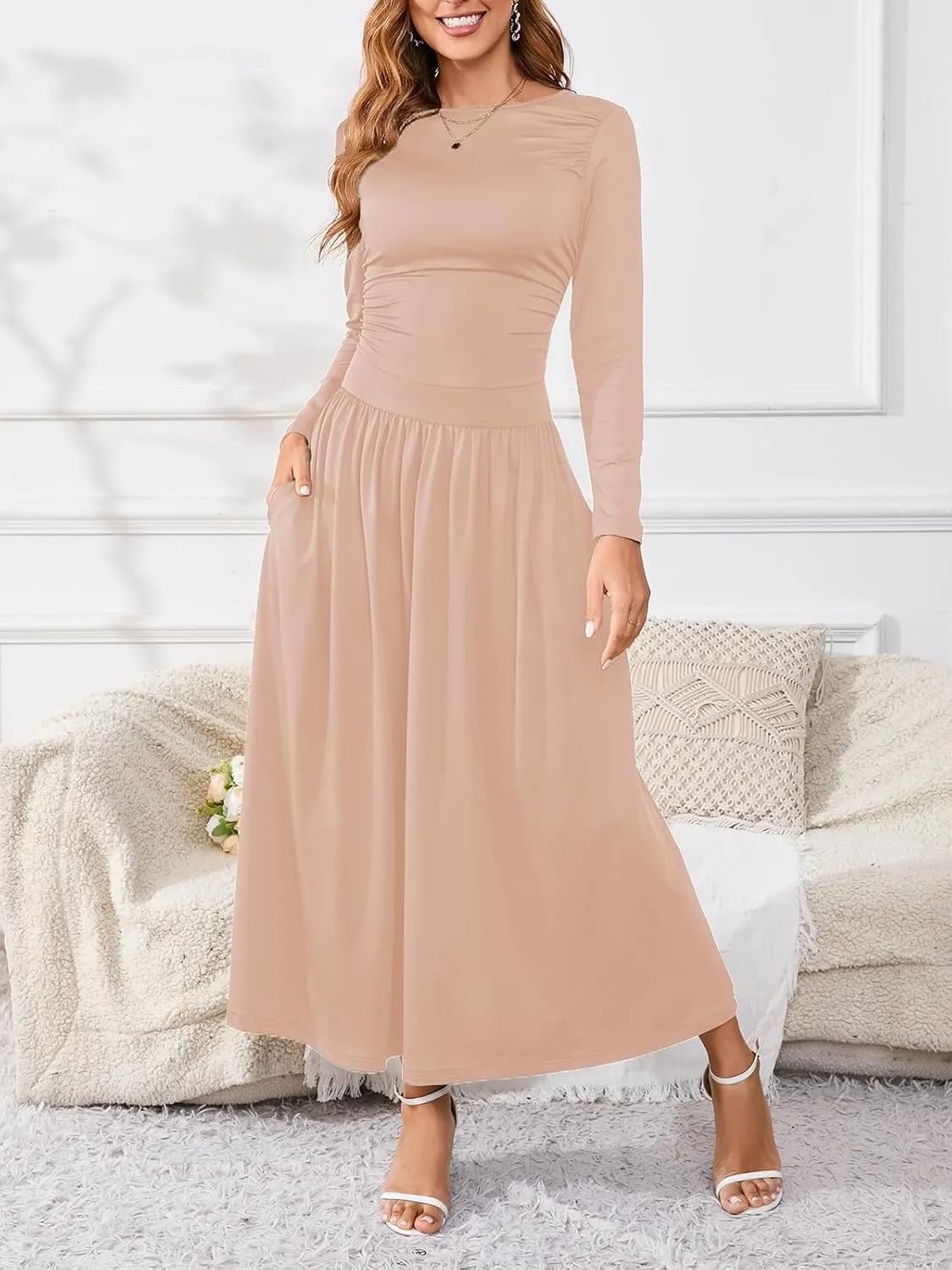 Women's Maxi Dress Long Sleeve Boat Neck Plain Empire Waist Casual Winter Party Long Dresses with Pockets