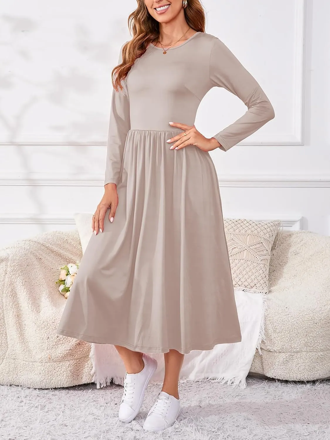 Women's Maxi Dress Long Sleeve Boat Neck Plain Empire Waist Casual Winter Party Long Dresses with Pockets