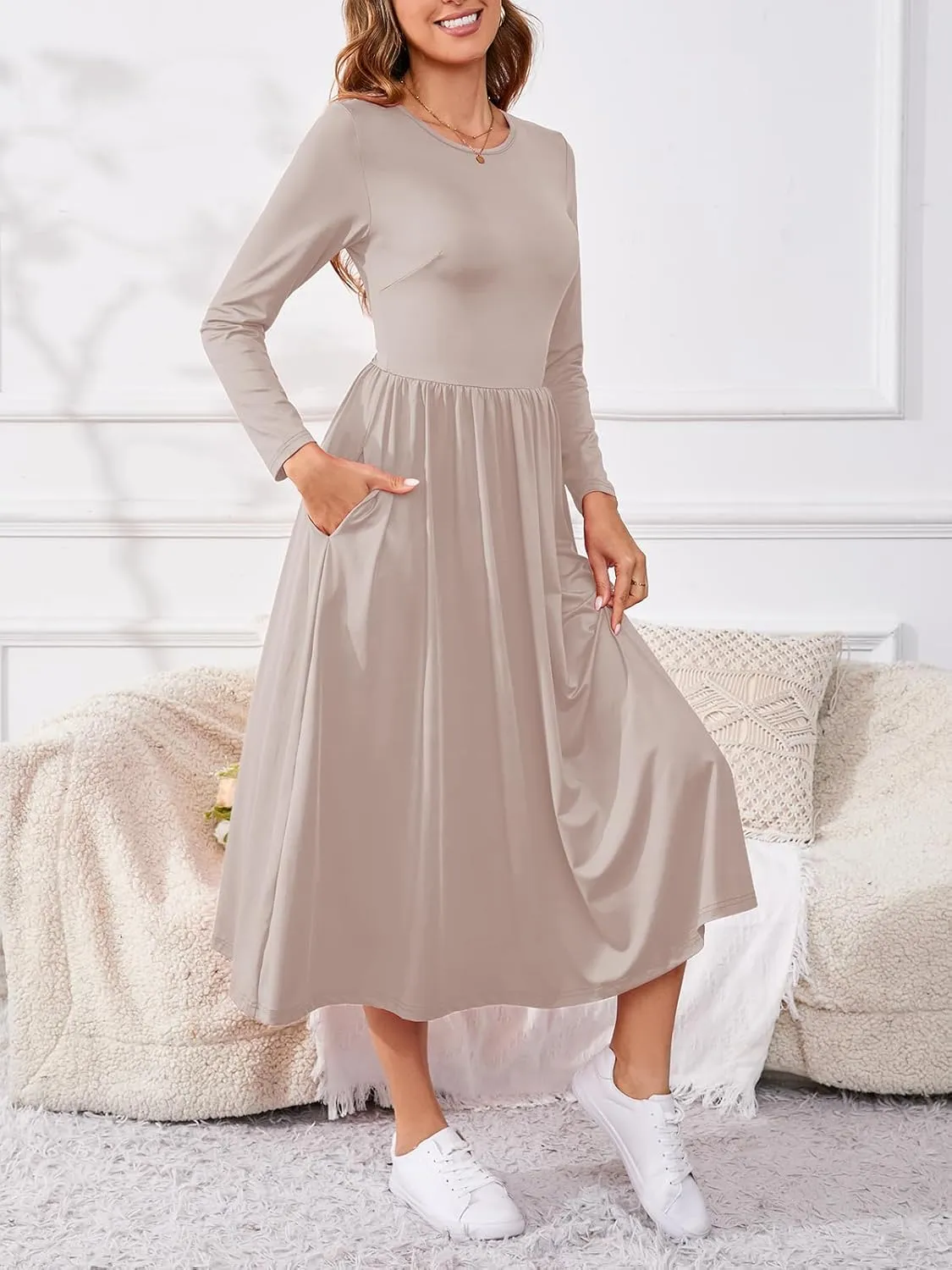 Women's Maxi Dress Long Sleeve Boat Neck Plain Empire Waist Casual Winter Party Long Dresses with Pockets