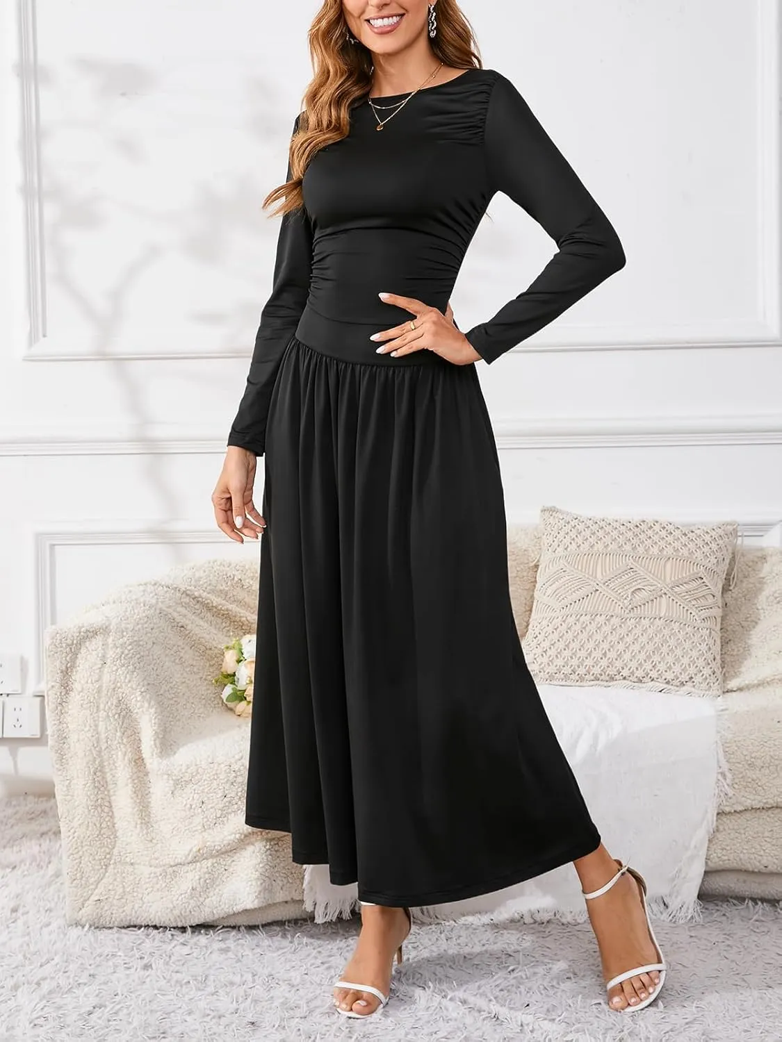 Women's Maxi Dress Long Sleeve Boat Neck Plain Empire Waist Casual Winter Party Long Dresses with Pockets