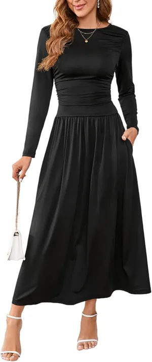 Women's Maxi Dress Long Sleeve Boat Neck Plain Empire Waist Casual Winter Party Long Dresses with Pockets